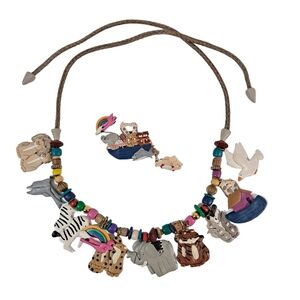 Vintage Noah's Ark Clay Beaded Tie Necklace & Lapel Pin Brooch Multicolor